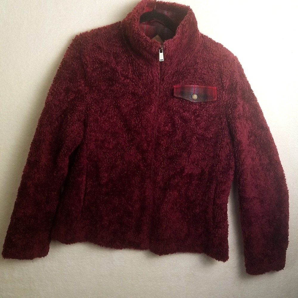 Pendleton Sherpa Fleece Jacket‎ Burgundy Plaid Pocket Stand Collar WomensM